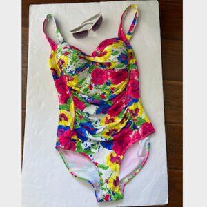 Ocean Club Colorful Floral Print Bandeau Ruched One Piece Swim Suit 14